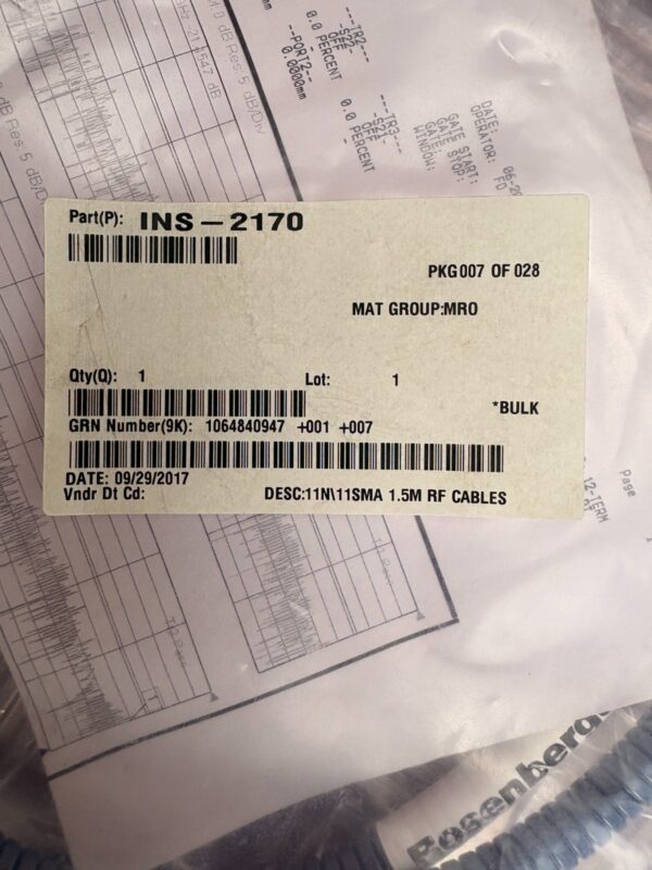 10-1524.jpg Rosenberger INS-2170 RF Cable 1.5m 11N to SMA NEW Sealed w/ Test Certificate