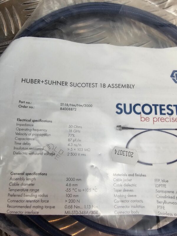 10-319.jpg Huber+Suhner SUCOTEST 18 RF Test Cable — 18 GHz — 3 m — NEW
