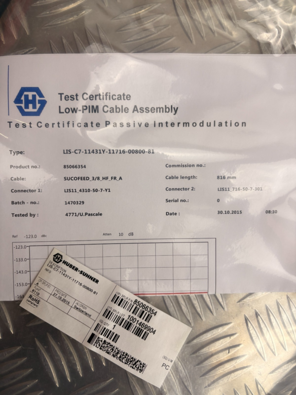 10-40.png Huber+Suhner RF Cable 0.816m 7/16 DIN Low PIM Test Cert NOS