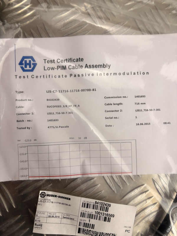 10-47.png Huber+Suhner RF Cable 0.716m 7/16 DIN Low PIM Test Cert NOS
