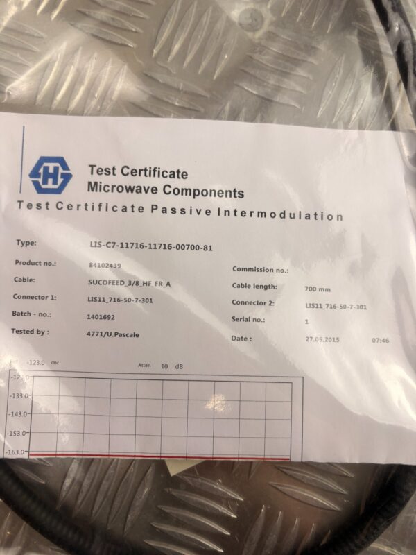 10-541.jpg Huber+Suhner RF Cable 0.7m 7/16 DIN Low PIM Test Cert NOS