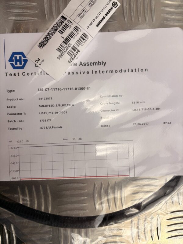 10-546.jpg Huber+Suhner RF Cable 1.316m 7/16 DIN Low PIM Test Cert NOS