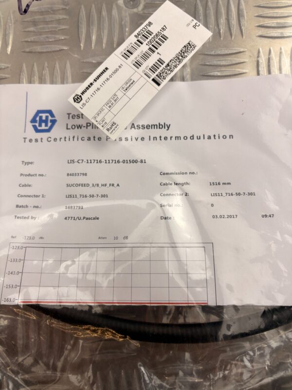 10-551.jpg Huber+Suhner LIS-C7-11716 RF Cable 1.516m 7/16 DIN Low PIM Test Cert NOS