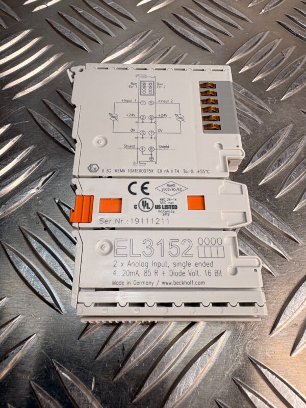 10-992.jpg Beckhoff EL3152 2 Channel Analog Input 4-20mA 16 Bit EtherCAT PLC Module