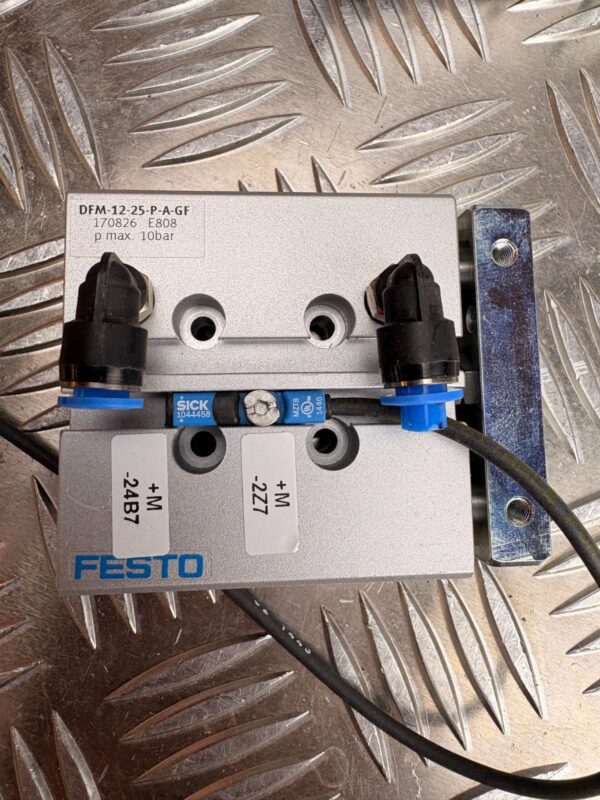 10-56.jpg FESTO DFM-12-25-P-A-GF Pneumatic Guided Cylinder w/ SICK Sensor