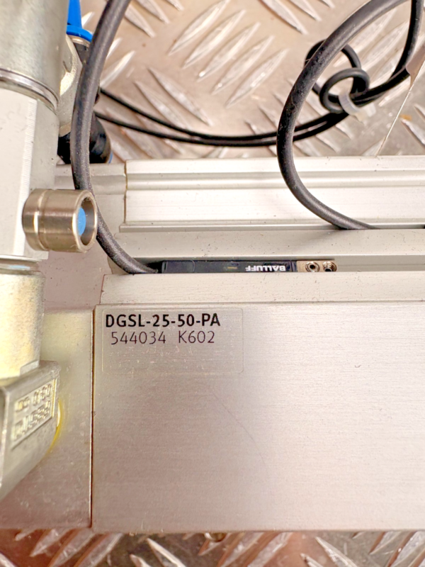 10-653.png Festo DGSL-25-50-PA Linear Slide w/ Balluff BMF0043 Sensors Pneumatic Assembly